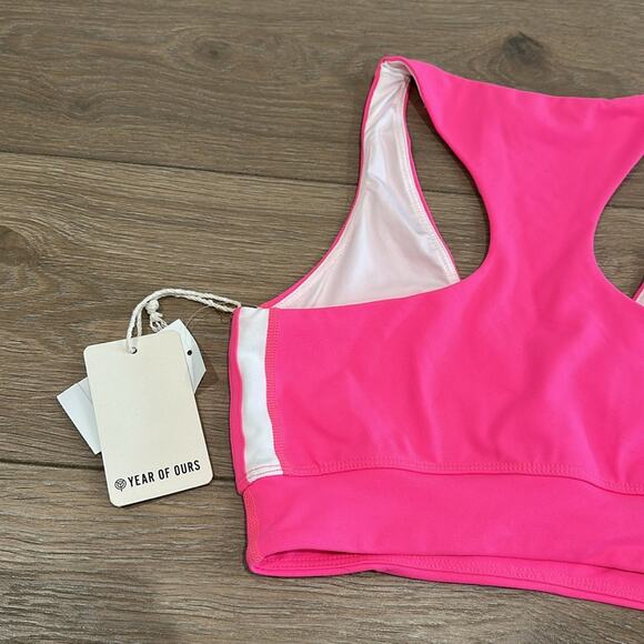 YEAR OF OURS Hot Pink White Racer V Neck Active Workout Gym Sports Bra Size S - Picture 5 of 9